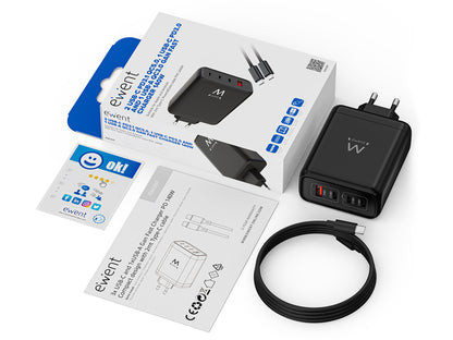 Stenski polnilec Ewent EW1337, GaN, 140W, 3x USB-C, 1x USB-A, QC 5.0, črn