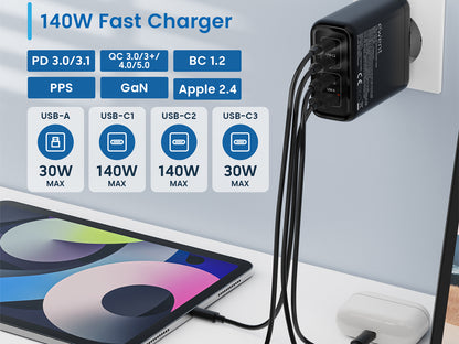 Stenski polnilec Ewent EW1337, GaN, 140W, 3x USB-C, 1x USB-A, QC 5.0, črn