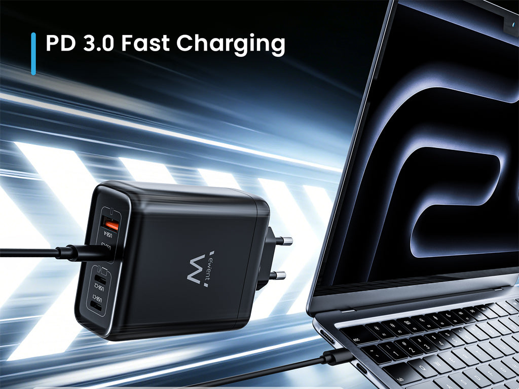 Stenski polnilec Ewent EW1337, GaN, 140W, 3x USB-C, 1x USB-A, QC 5.0, črn