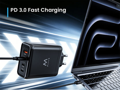 Stenski polnilec Ewent EW1337, GaN, 140W, 3x USB-C, 1x USB-A, QC 5.0, črn