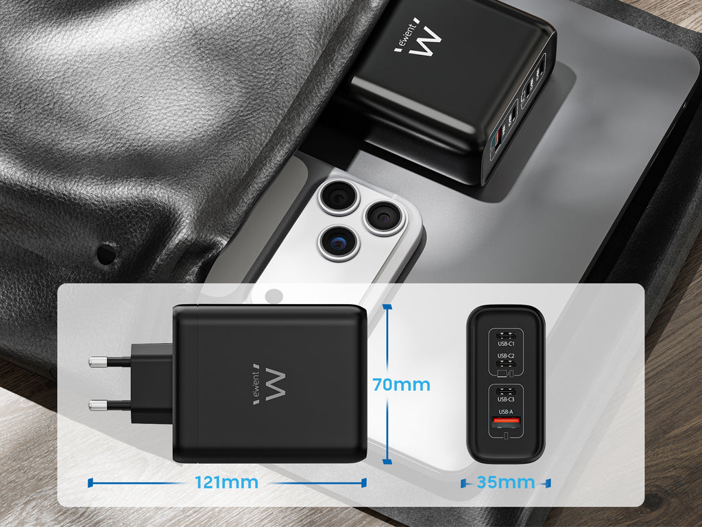 Stenski polnilec Ewent EW1337, GaN, 140W, 3x USB-C, 1x USB-A, QC 5.0, črn
