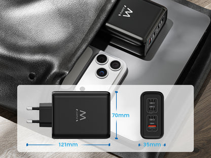 Stenski polnilec Ewent EW1337, GaN, 140W, 3x USB-C, 1x USB-A, QC 5.0, črn