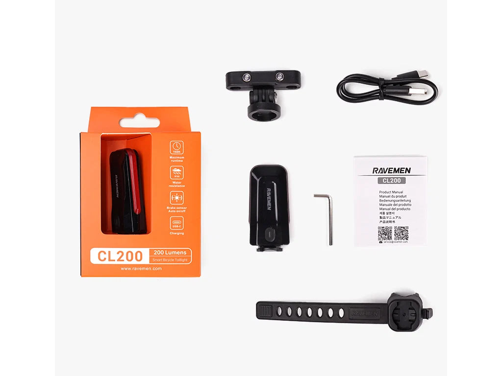 Zadnja kolesarska luč RAVEMEN CL200, 200 lm, 700 mAh, IPX6